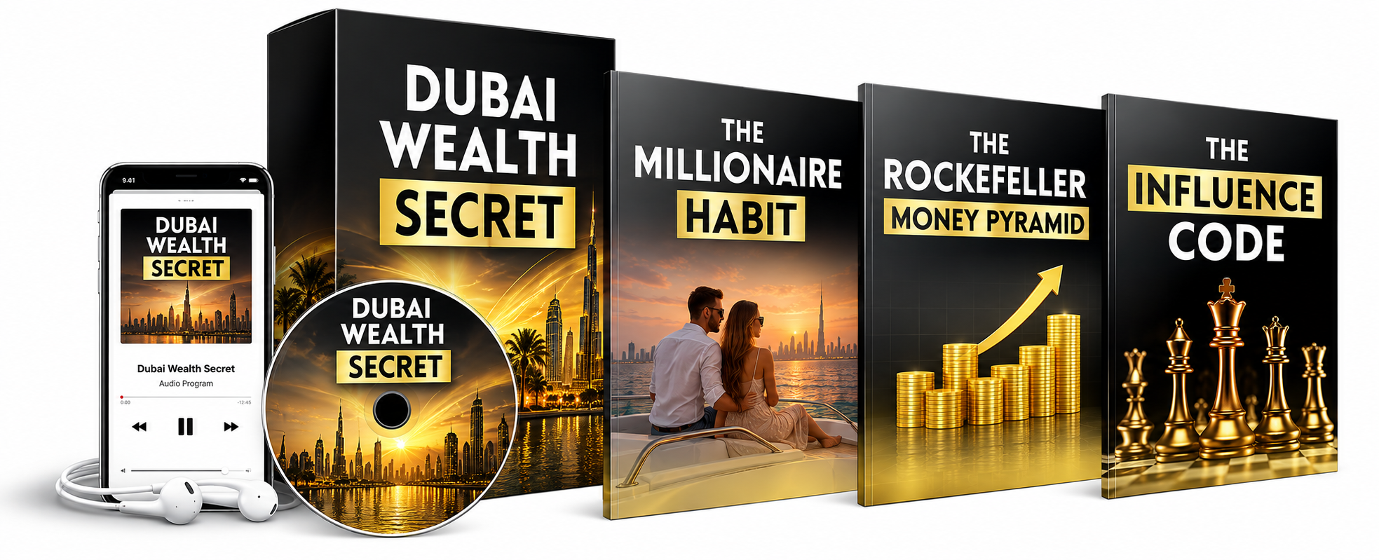 Dubai Wealth Secret bundle with The Millionaire Habit, The Rockefeller Money Pyramid and The Influence Code bonus guides
